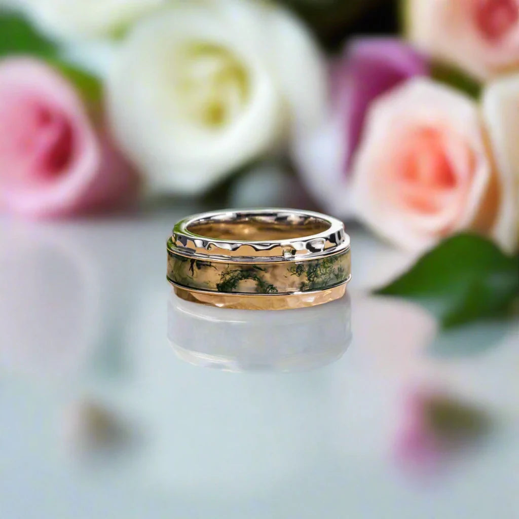 Moss Agate Hammered Wedding Band