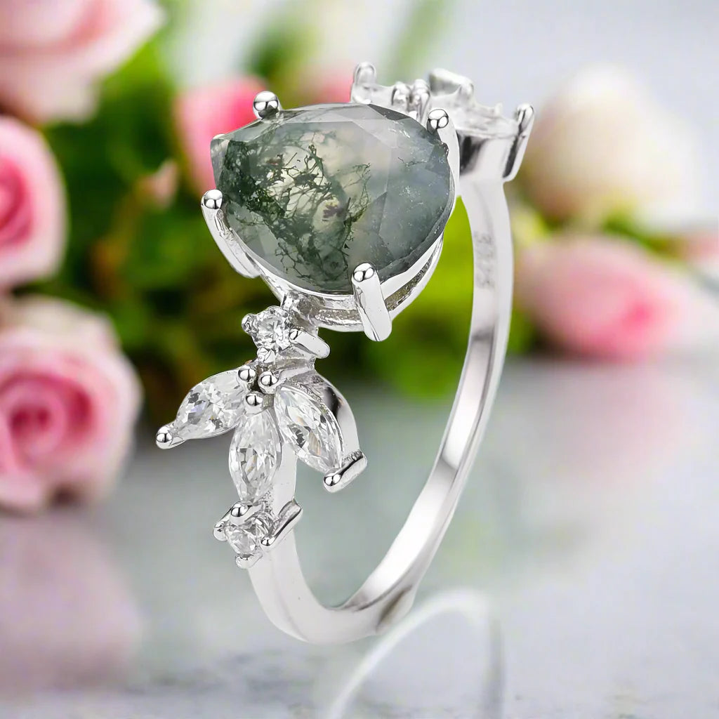 Classic Pear-cut Moss Agate Cluster Ring with Marquise-cut Side Stones