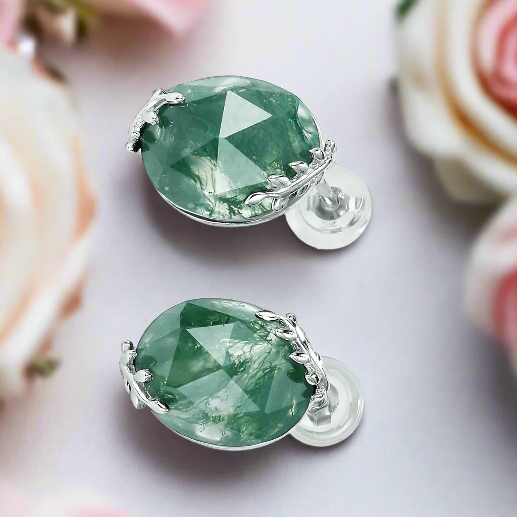 Elegant Natural Moss Agate Stud Earrings
