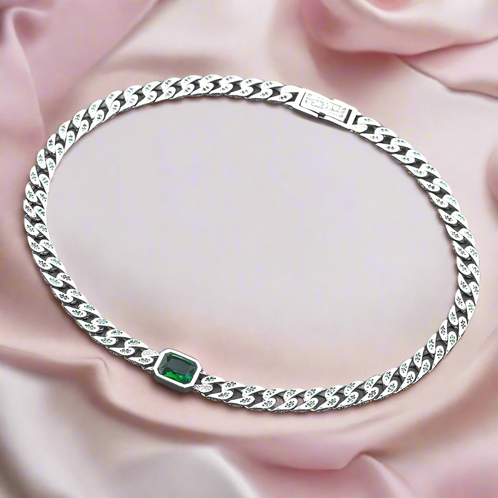 Green Cushion-cut Stone Cuban Clavicle Chain Necklace