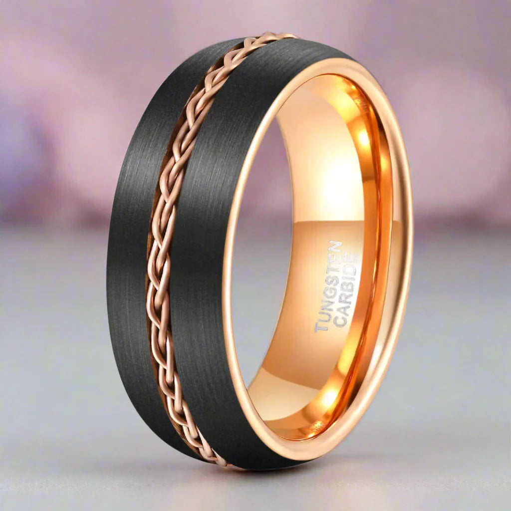 Two-tone Dome Steel Wire Inlay Tungsten Men's Ring