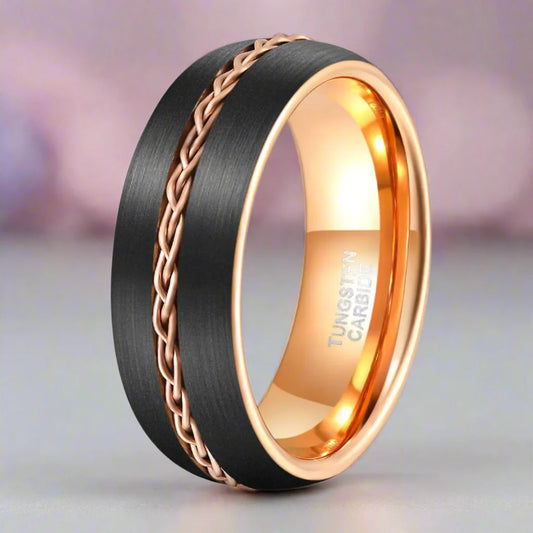 Two-tone Dome Steel Wire Inlay Tungsten Men's Ring