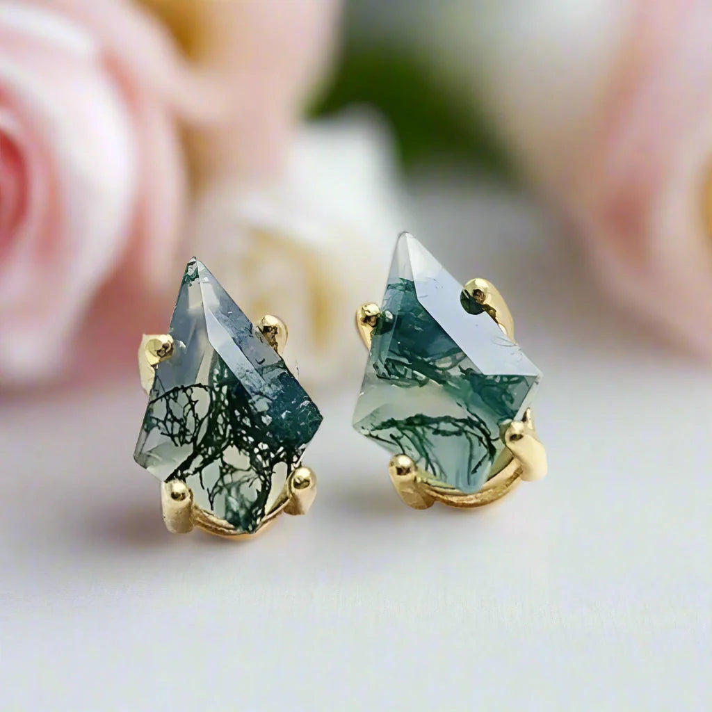 Kite Shaped Green Moss Agate Earrings
