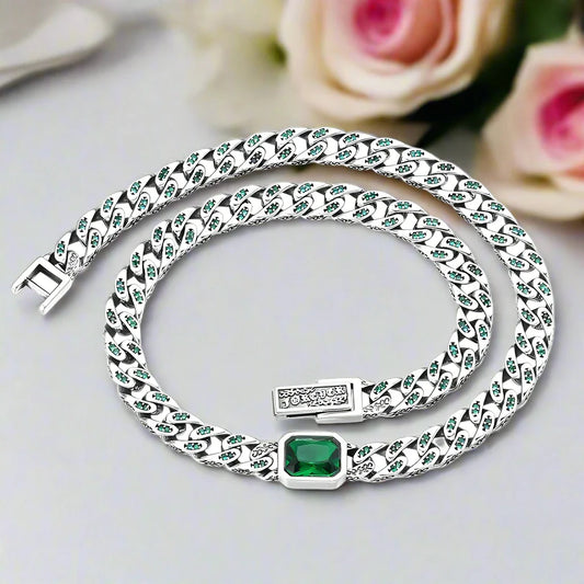 Green Cushion-cut Stone Cuban Clavicle Chain Necklace