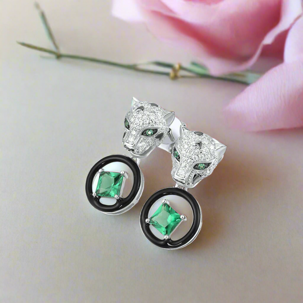Leopard Head and Green Spinel Earrings