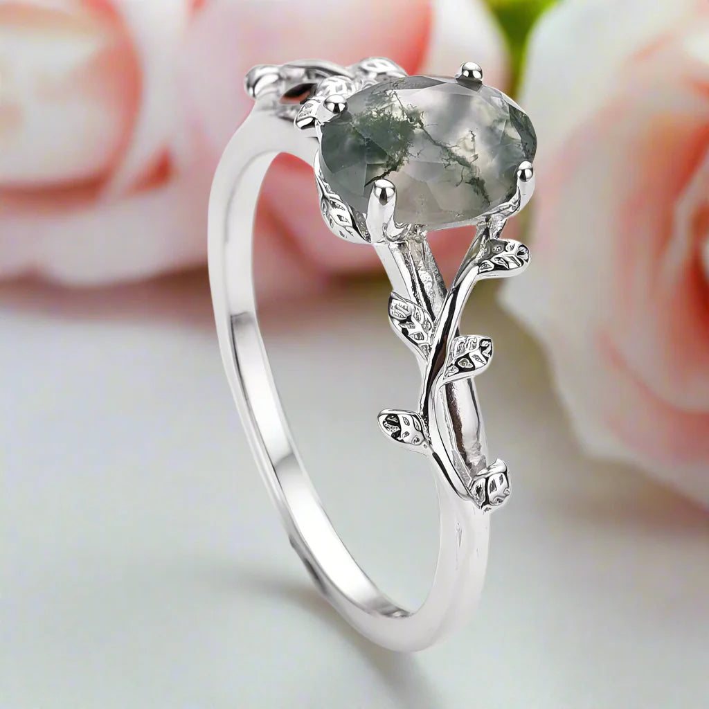 Leaf Branch Oval Moss Agate Cocktail Ring