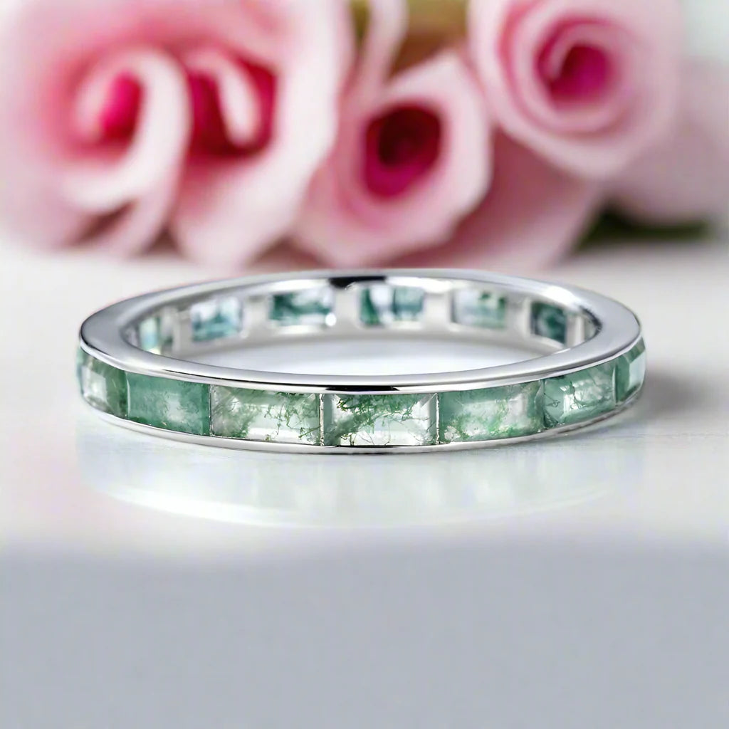 2*4mm Natural Moss Agate Wedding Band