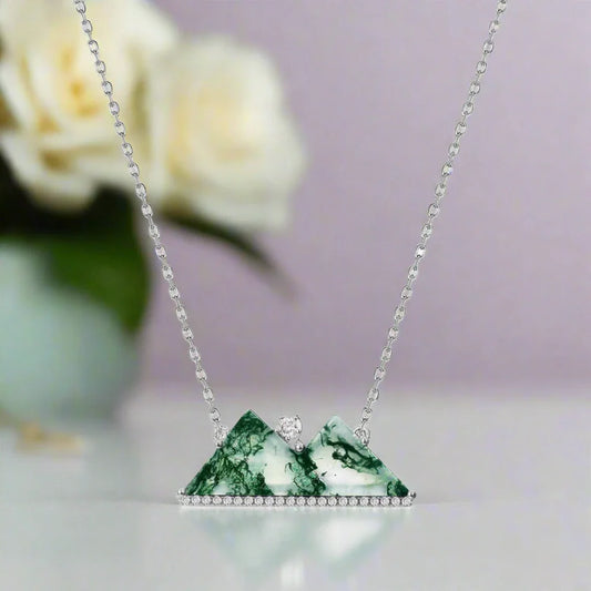 Green Moss Agate Mountain Necklace with Diamond