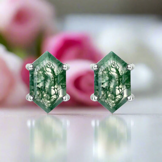 Geometry Cut Moss Agate Stud Earrings