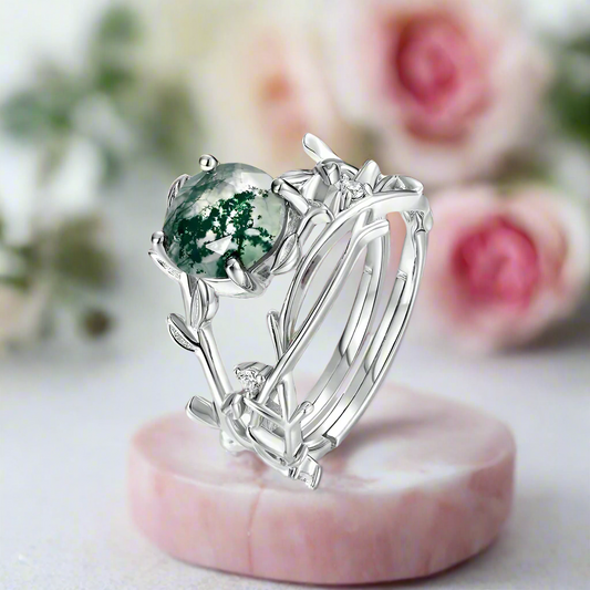 Green Moss Agate Vintage Leaf Style Resizable Ring Set
