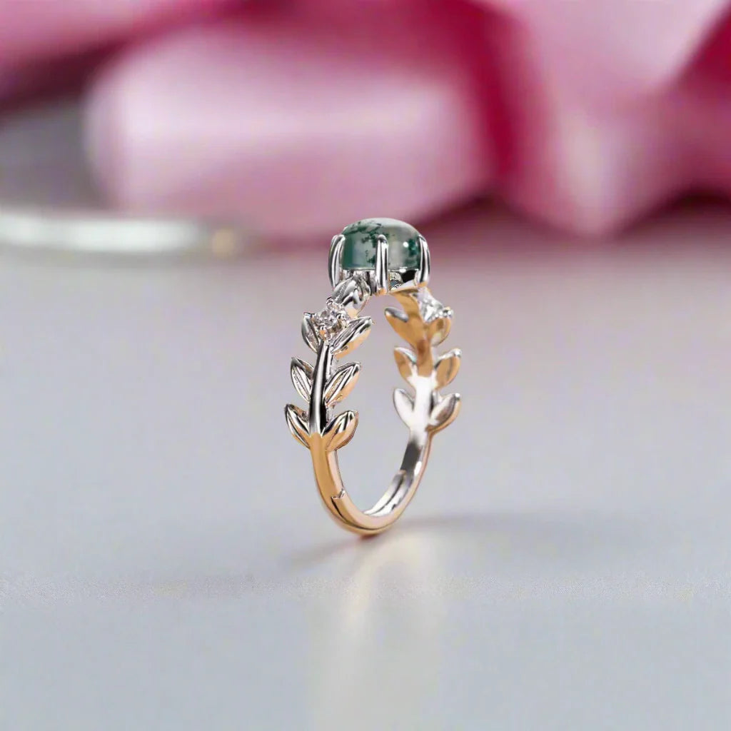 Round Cut Moss Agate Engagement Rings with Olive Branch Design