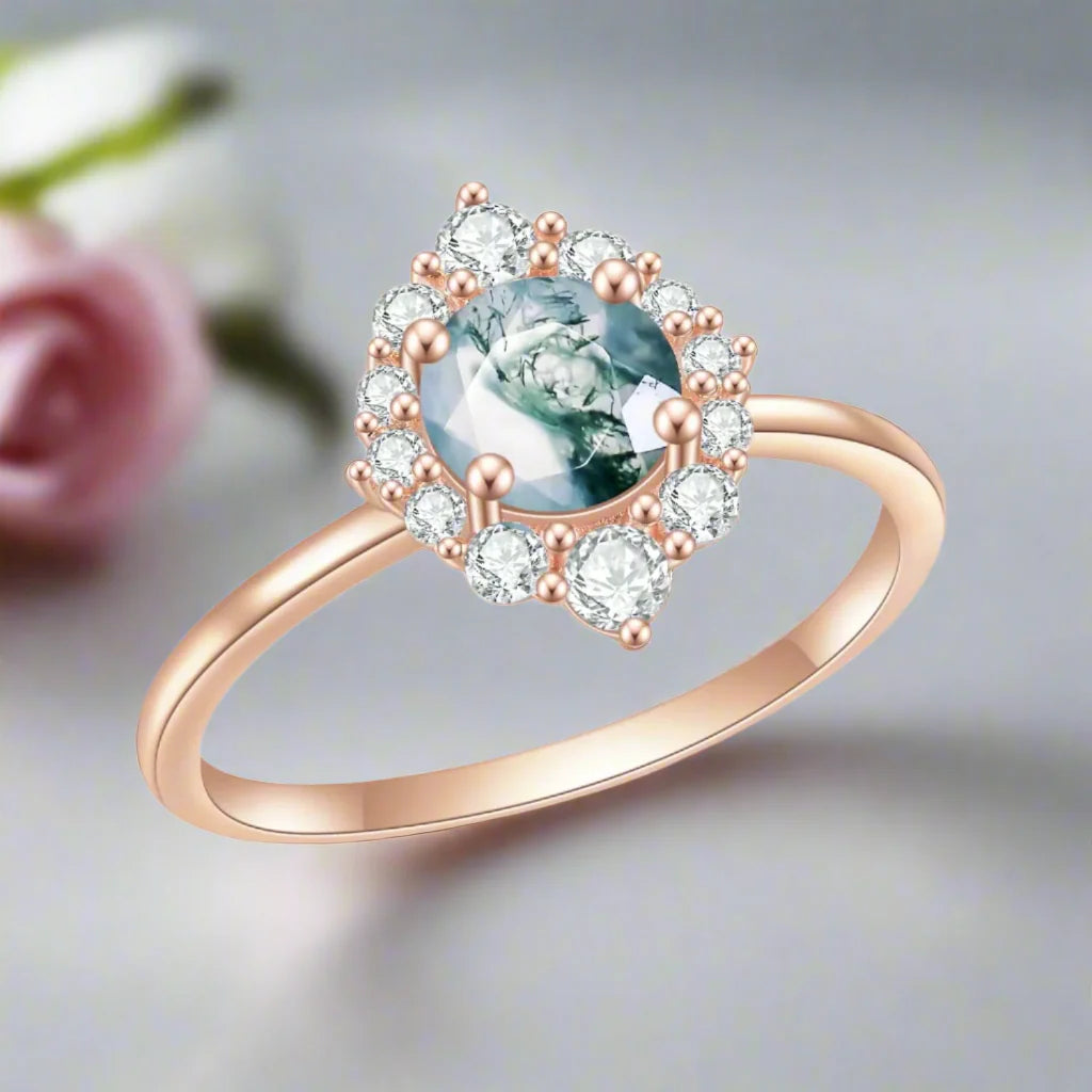 Vintage Moss Agate Halo Promise Chevron Cluster Engagement Ring Set