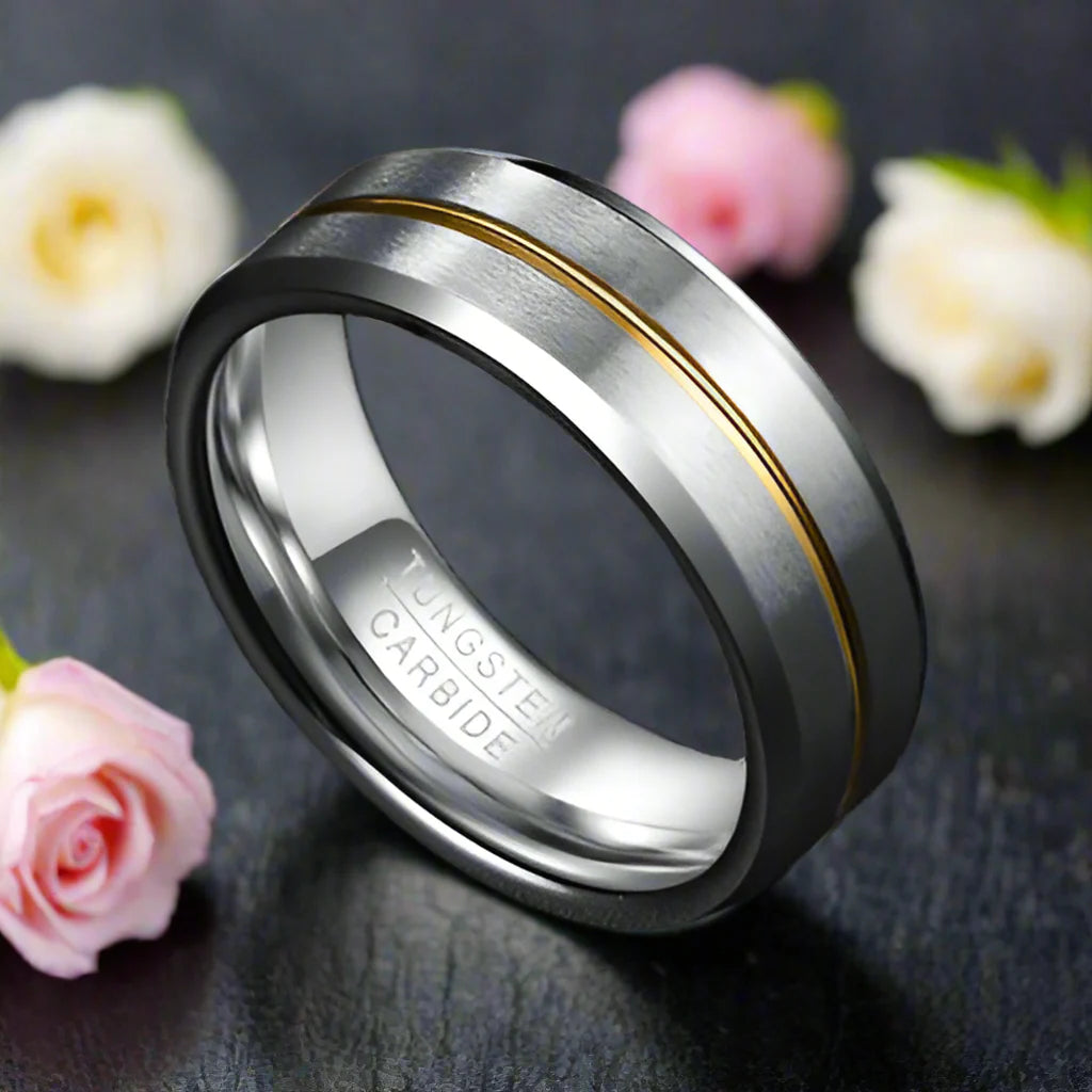 Beveled Edge Tungsten Carbide Men's Ring with Gold Line Inlay