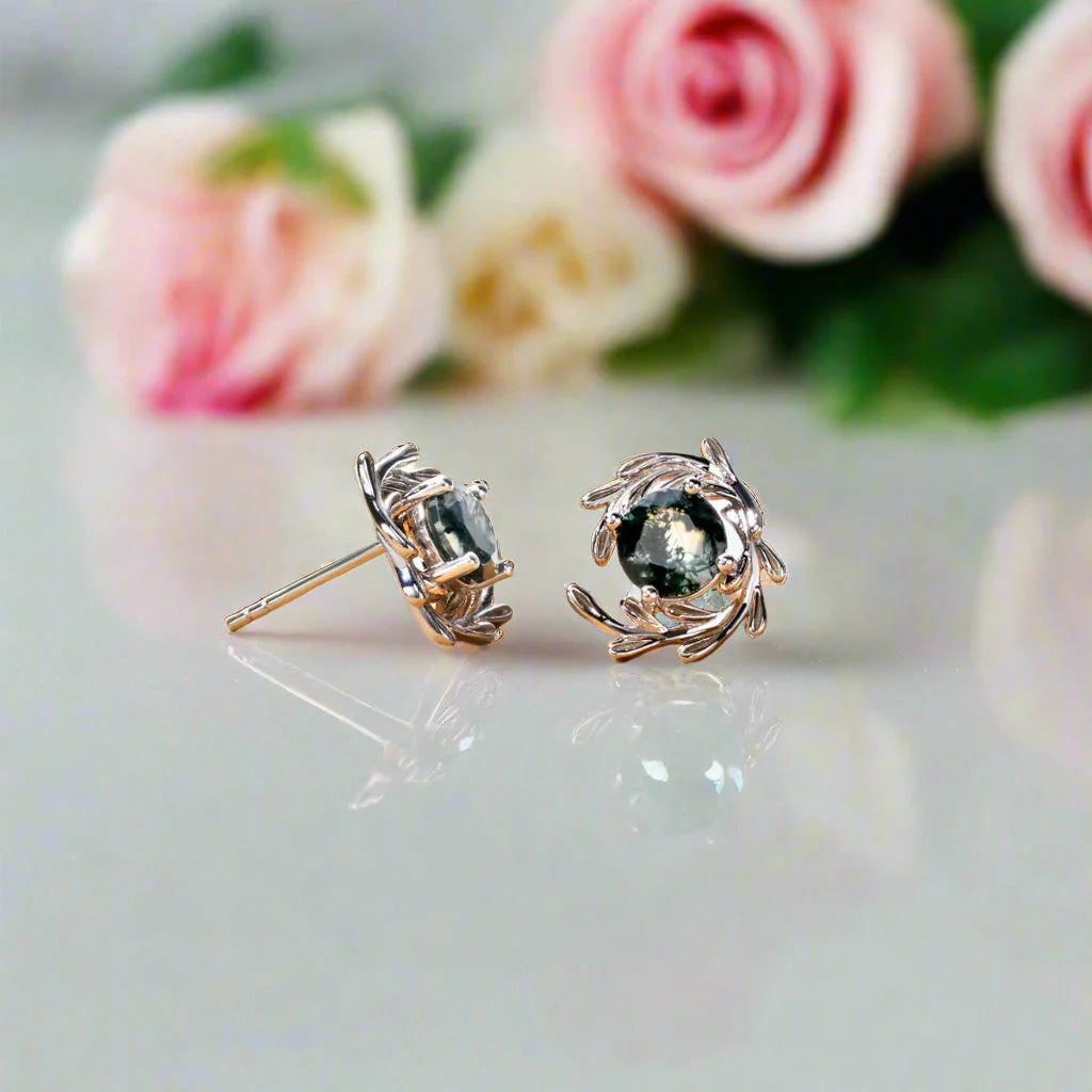 Round Cut Moss Agate Stud Earrings