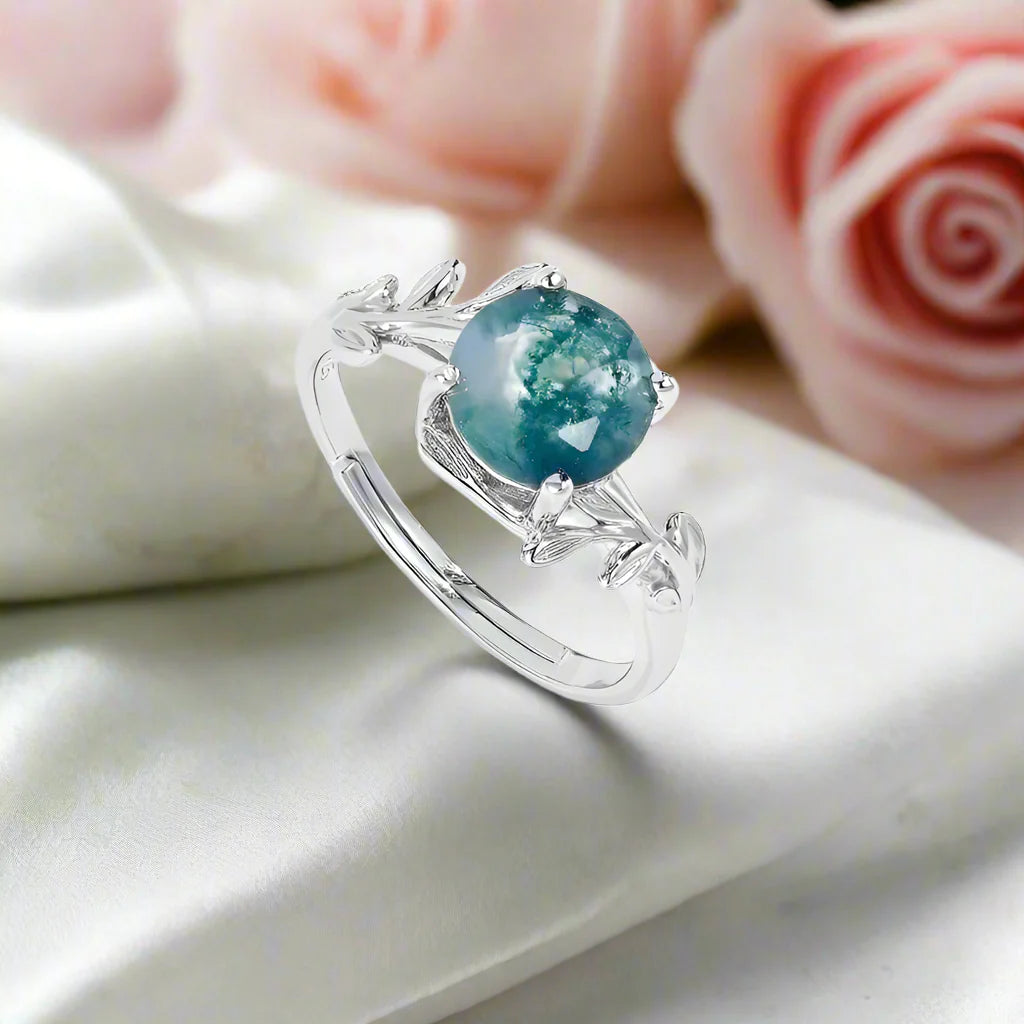 Unique Olive Branch Moss Agate Natural Adjustable Promise Ring