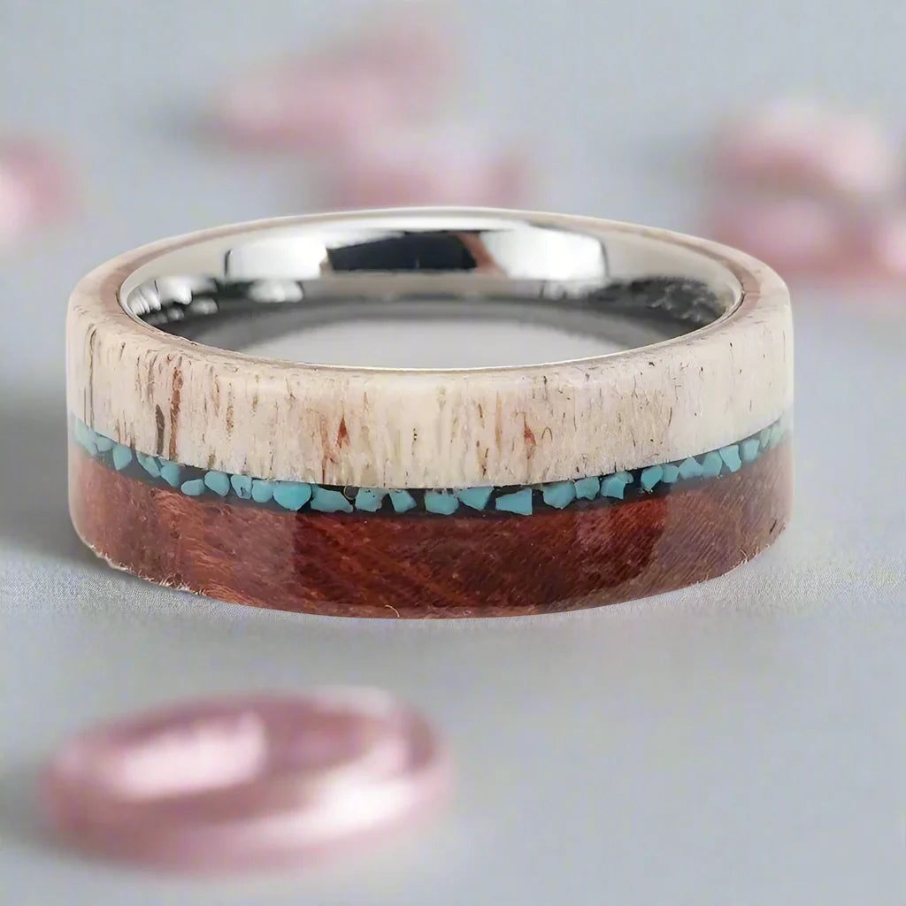 Redwood, Turquoise, and Deer Antler Inlay Tungsten Carbide Men's Ring