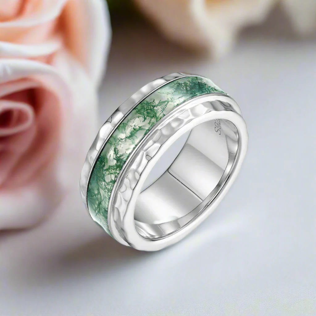 Moss Agate Hammered Wedding Band