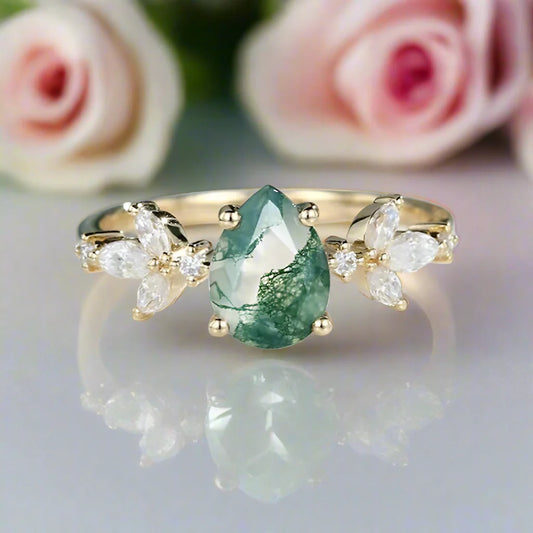 Classic Pear-cut Moss Agate Cluster Ring with Marquise-cut Side Stones