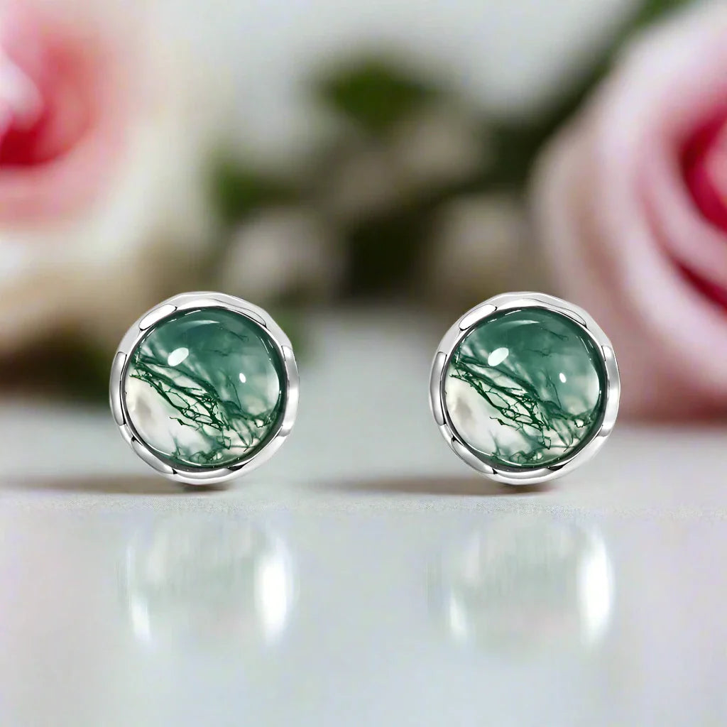 Round Moss Agate Classic Stud Earrings