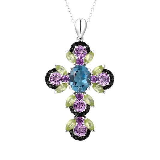 Vintage Oval-cut Natural London Blue Topaz Cross Necklace