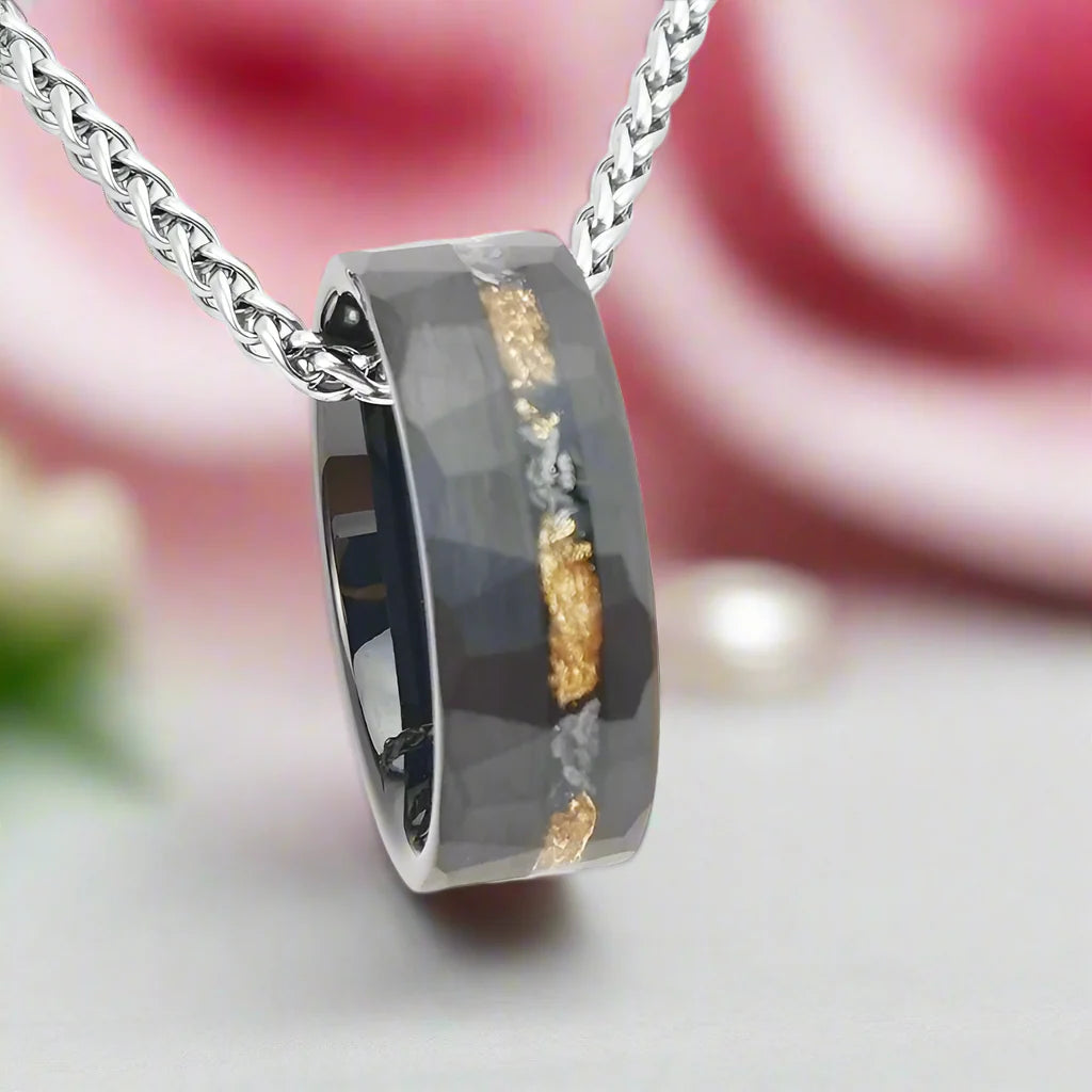 Meteorite Chip Gold Foil Inlay Hammer Tungsten Carbide Men's Ring