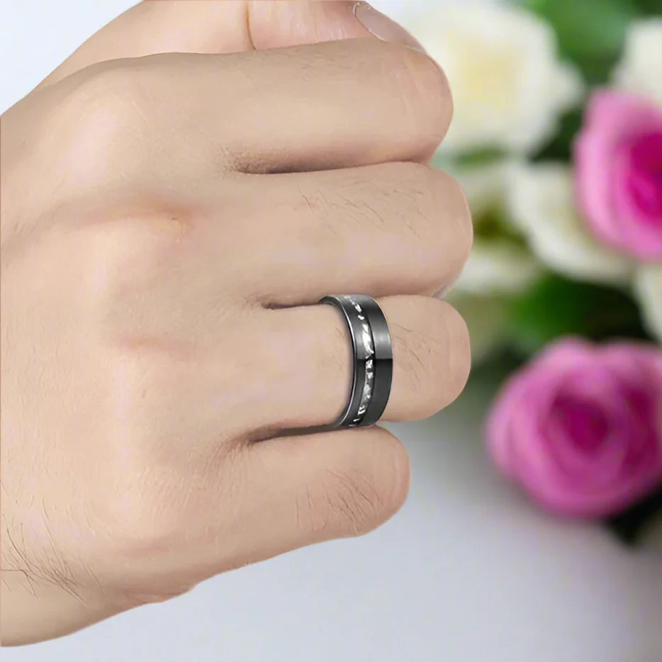 Meteorite Fragments Inlay Brush Black Tungsten Carbide Ring