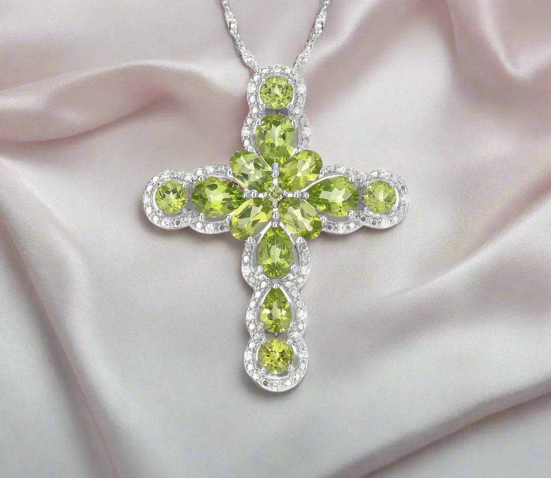 Pear-cut Peridot with Black Spinel Cross Pendant Necklace