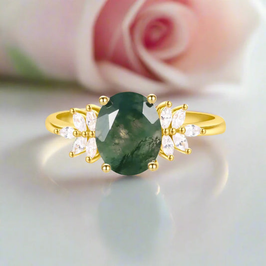 Vintage Green Moss Agate Art Deco Cluster Promise Ring Set