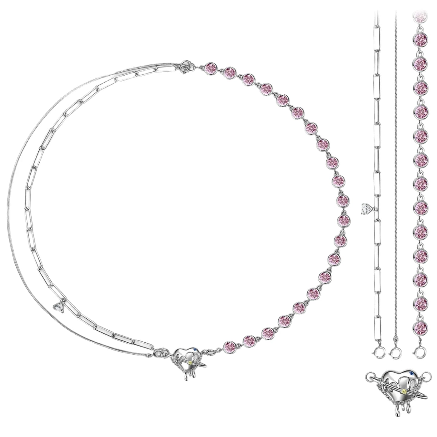 Pink Stone & Heart Shaped Molten Drop Necklace