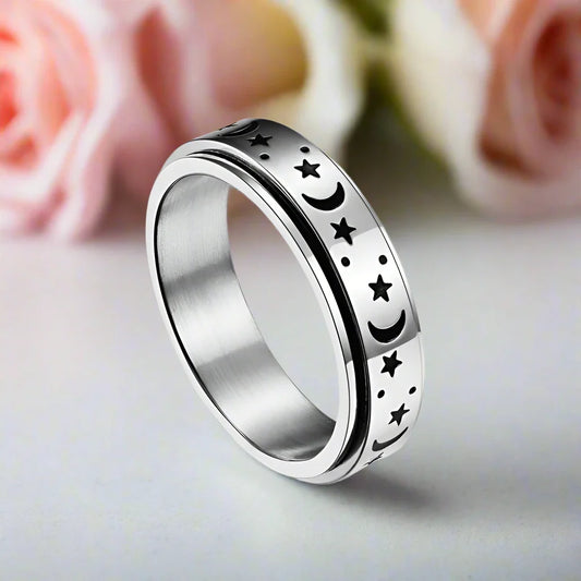 Star and Moon Titanium Steel Rotatable Luminous Ring
