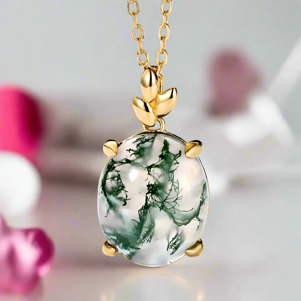 Oval Cut Green Moss Agate Pendant Necklace