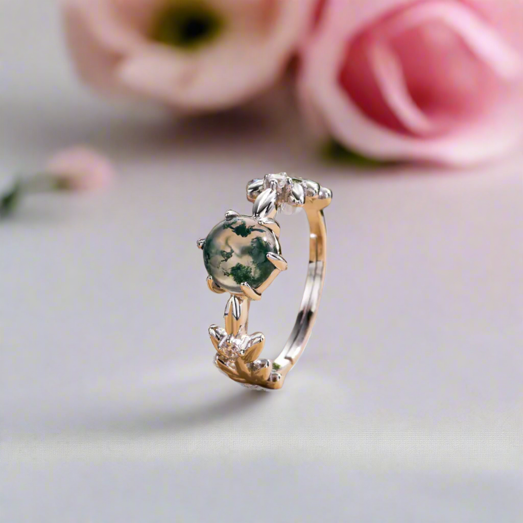 Round Cut Moss Agate Engagement Rings with Olive Branch Design