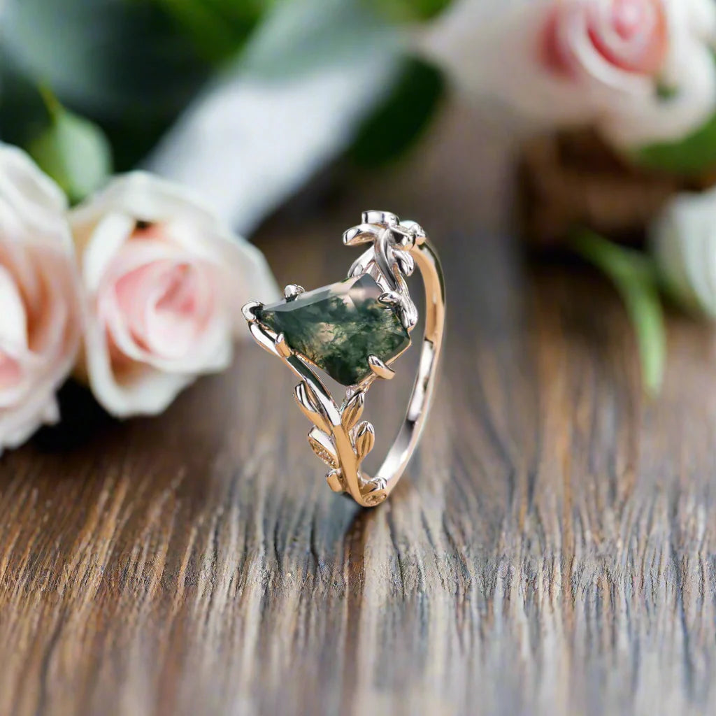 Kite Cut Natural Moss Agate Engagement Ring