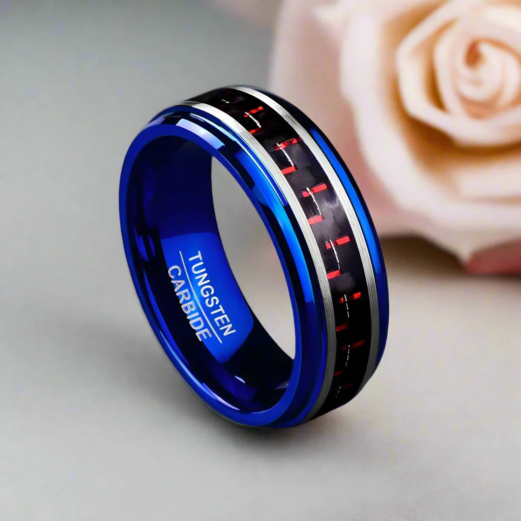 Blue Beveled Edge Tungsten Men's Ring with Red Carbon Fiber Inlay