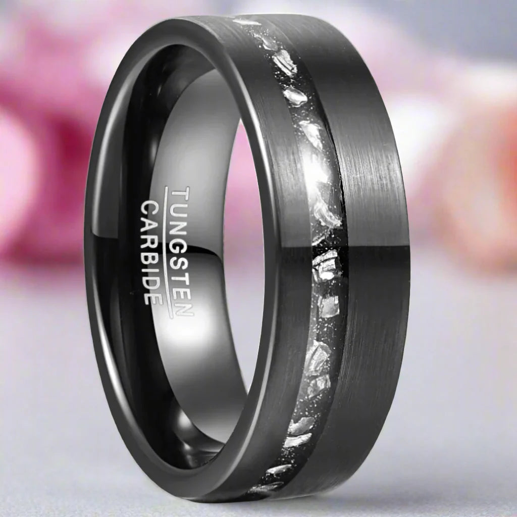 Meteorite Fragments Inlay Brush Black Tungsten Carbide Ring