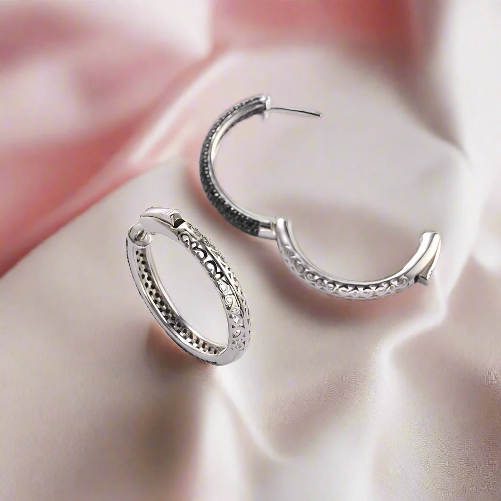 Delicate Natural Black Spinel Hoop Earrings