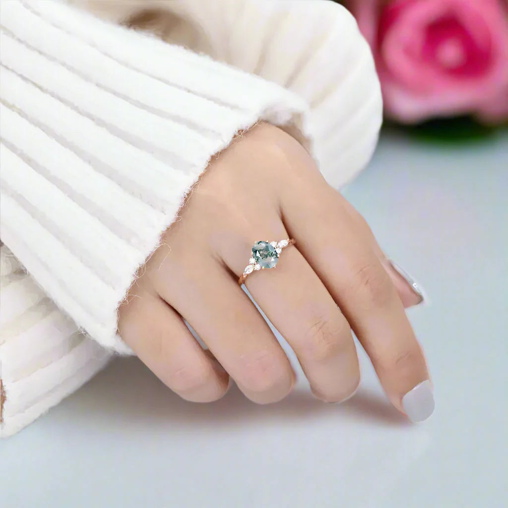 Natural  Oval Moss Agate Promise Ring