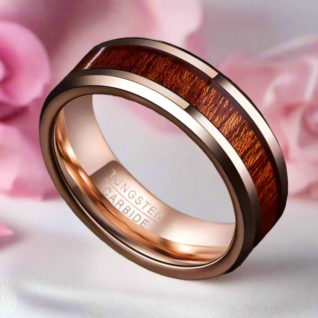 Koa Wood Inlay Beveled Edge Tungsten Carbide Ring