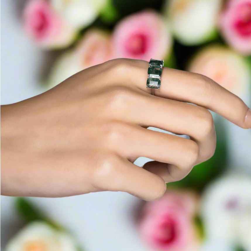 Three Stone Emerald Cut Moss Agate Ring