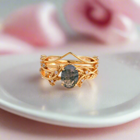 Oval-cut Moss Agate Leaf Design Ring Set
