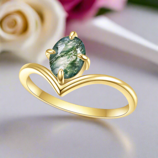 Oval Cut Moss Agate Chevron Cluster Engagement Ring Set