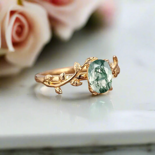 Leaf Branch Oval Moss Agate Cocktail Ring