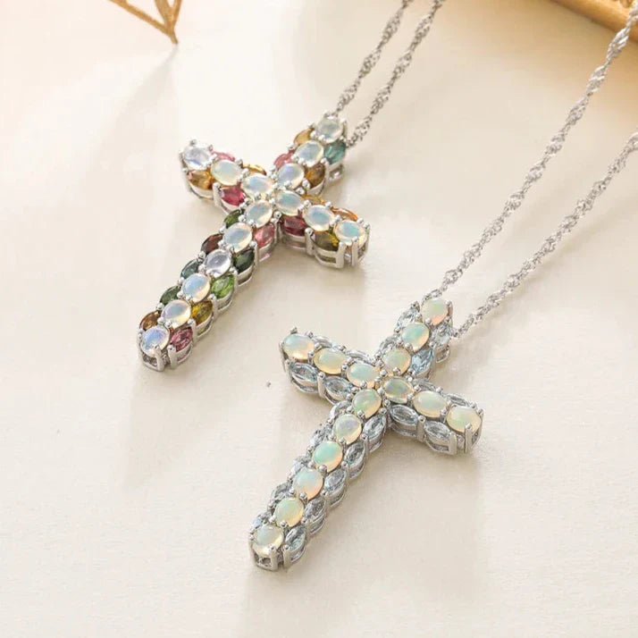 Oval cut Created Opal & Multi Gemstones Cross Pendant Necklace
