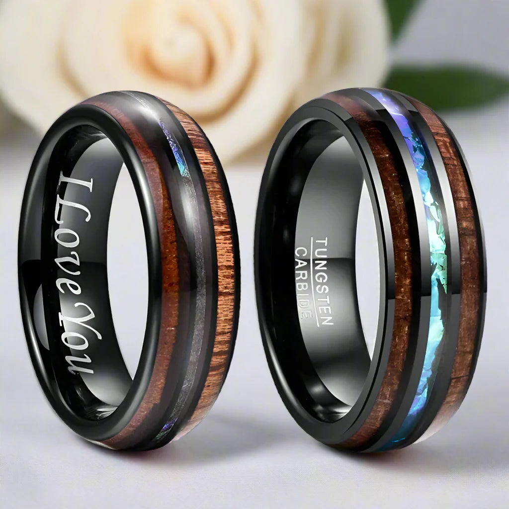 Koa Wood and Abalone Shell Inlay Tungsten Carbide Men's Ring