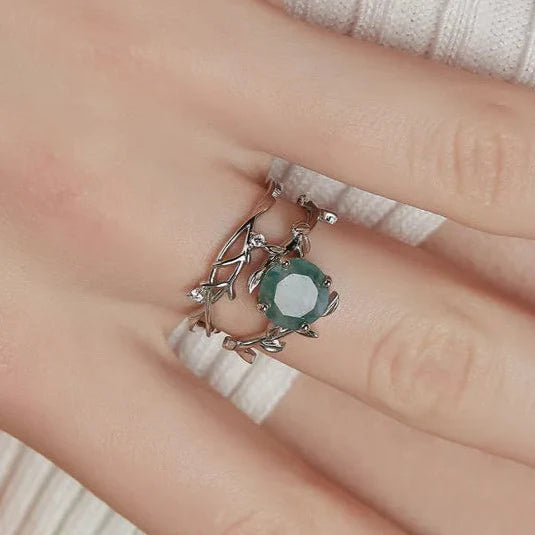 Green Moss Agate Vintage Leaf Style Resizable Ring Set