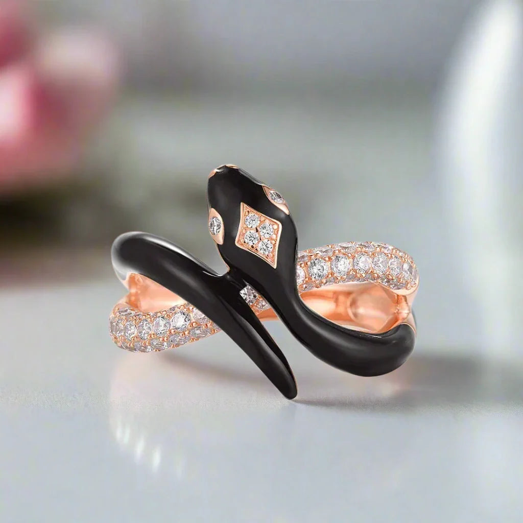 Black Enamel Wild Snake Rose Gold Ring