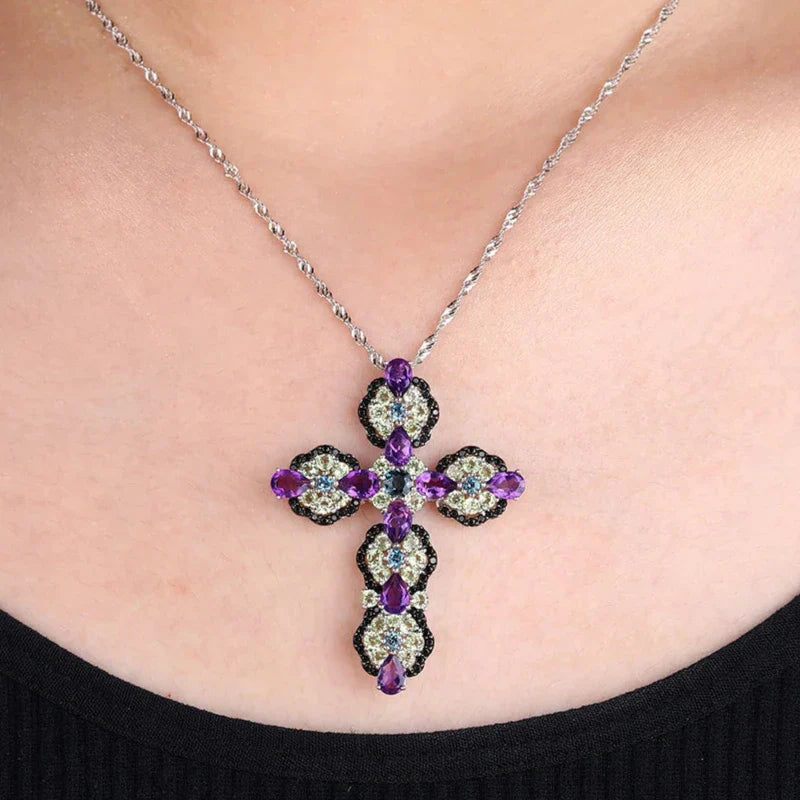 Natural Topaz and Amethyst Gemstone Cross Pendant Necklace