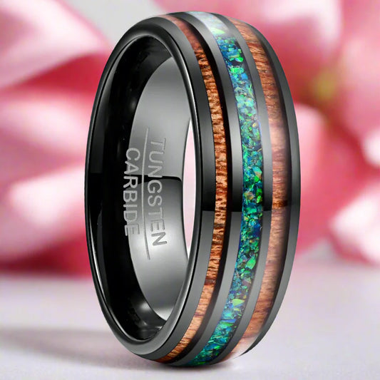Natural Acacia Wood and Green Opal Tungsten Carbide Ring