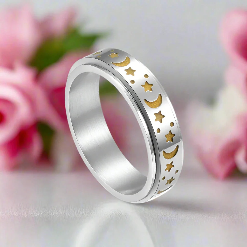 Star and Moon Titanium Steel Rotatable Luminous Ring