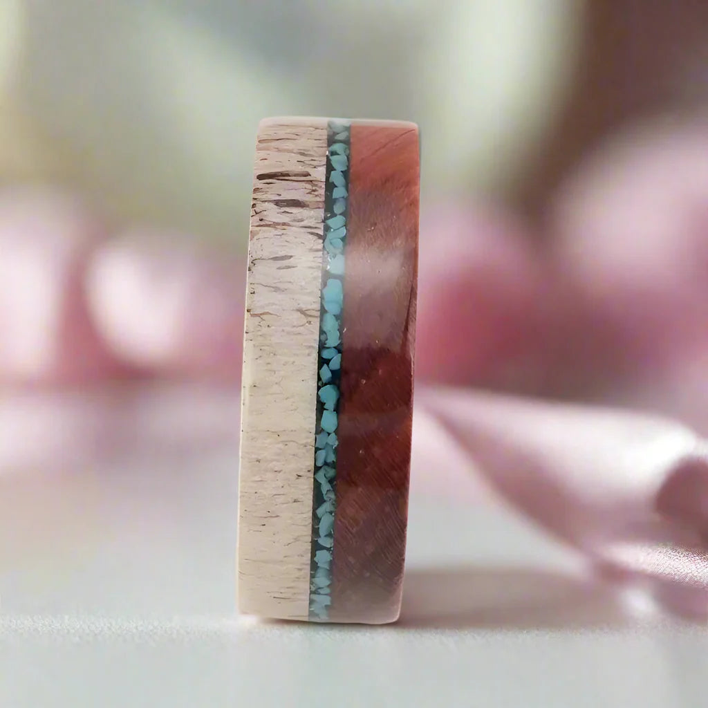 Redwood, Turquoise, and Deer Antler Inlay Tungsten Carbide Men's Ring